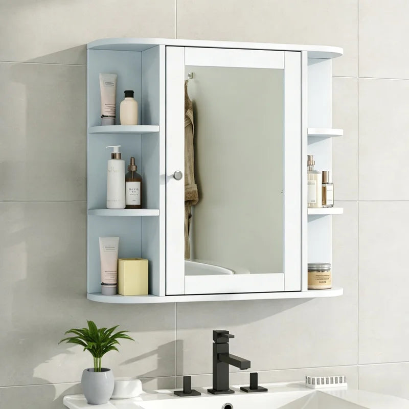 White Bathroom Wall Cabinet with Mirror, Adjustable Shelf, 6 Open Shelves, with Doors