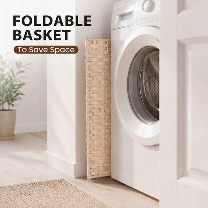 110L Laundry Basket with Lid, Foldable Wicker Laundry Hampers with Side Handles, Removable Liner, Rattan Laundry Basket with Sturdy Steel Frame