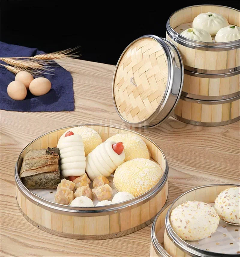Bamboo Food Steamer basket with Stainless Steel Banding