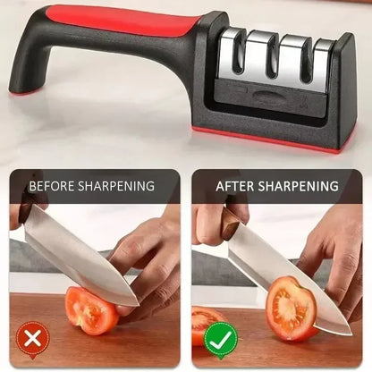 3-Segment Knife Sharpener for Kitchen, Stainless Steel Three-Purpose Sharpening Stone