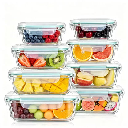 16Pcs Airtight Glass Food Storage Containers Set (8 Bowls & 8 Lids) Leakproof Meal Prep, Microwave Oven Safe, Kitchen Accessories Refrigerator Organizer for Salad Bento