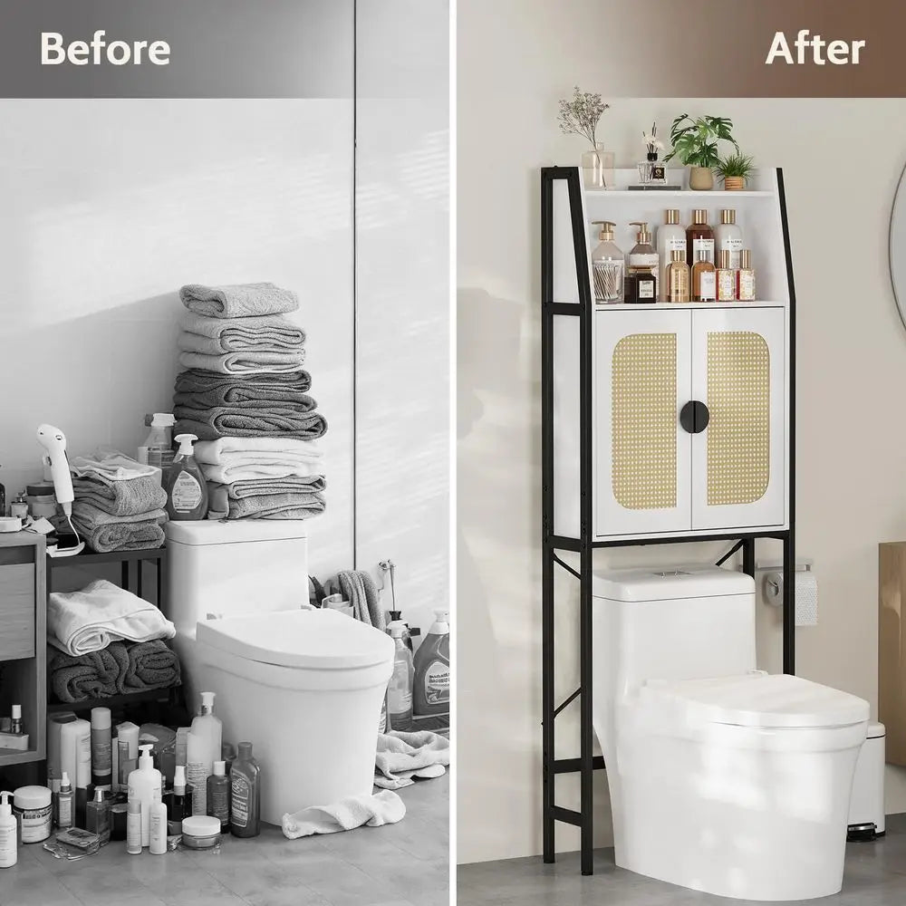 Over The Toilet Storage Cabinet with Rattan Doors, Adjustable Shelf, Metal Frame