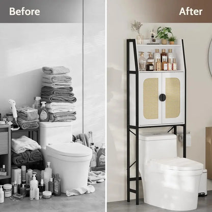 Over The Toilet Storage Cabinet with Rattan Doors, Adjustable Shelf, Metal Frame