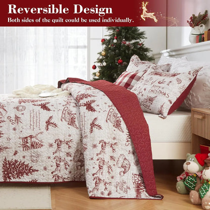 3 Piece Christmas Quilt Set, King Size Breathable Holiday Bedspread Coverlet, Winter Bedding Holiday Season, Bedroom Decor, Soft Breathable  For Xmas Decor QuiltX1,PillowcasesX2