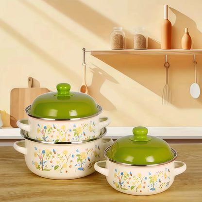 3Pcs Vintage Enamel Stock Pot Set with Lid,34oz/51oz/68oz Retro Flower