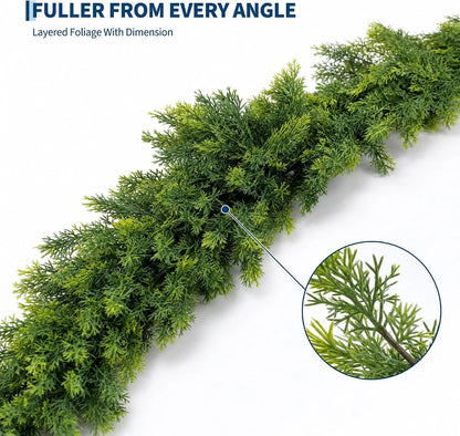 9Ft Norfolk Pine Christmas Garland,  Artificial Layered Faux Greenery, Christmas Wreaths with 50 Led Lights 8 Lighting Modes for Home Party Decoration Outdoor Yard Pine Rattan Hanging Ornaments