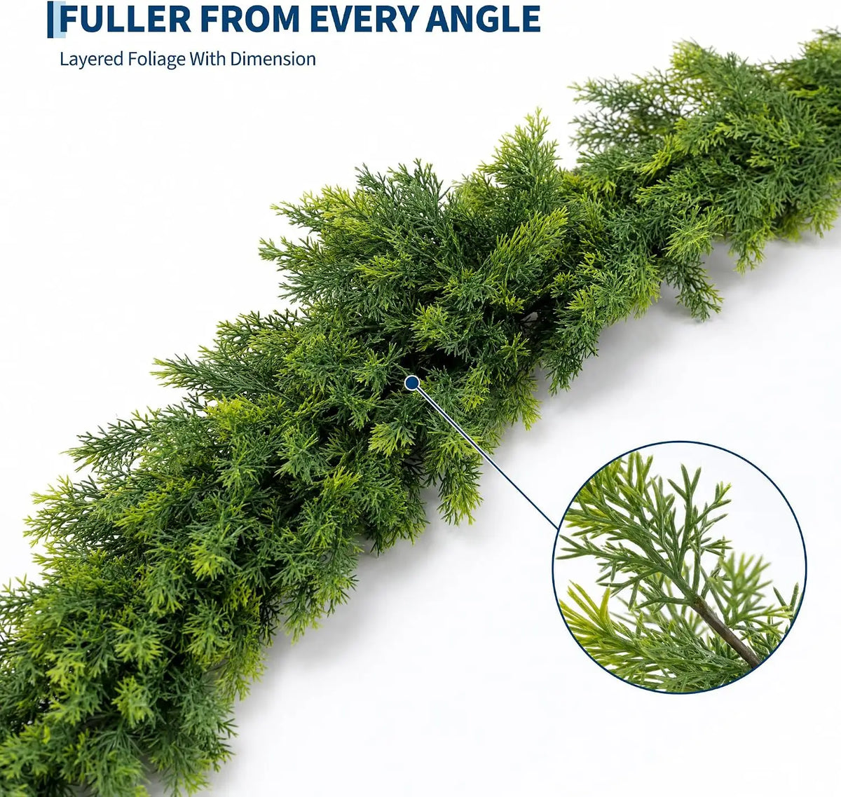 9Ft Norfolk Pine Christmas Garland,  Artificial Layered Faux Greenery, Christmas Wreaths with 50 Led Lights 8 Lighting Modes for Home Party Decoration Outdoor Yard Pine Rattan Hanging Ornaments