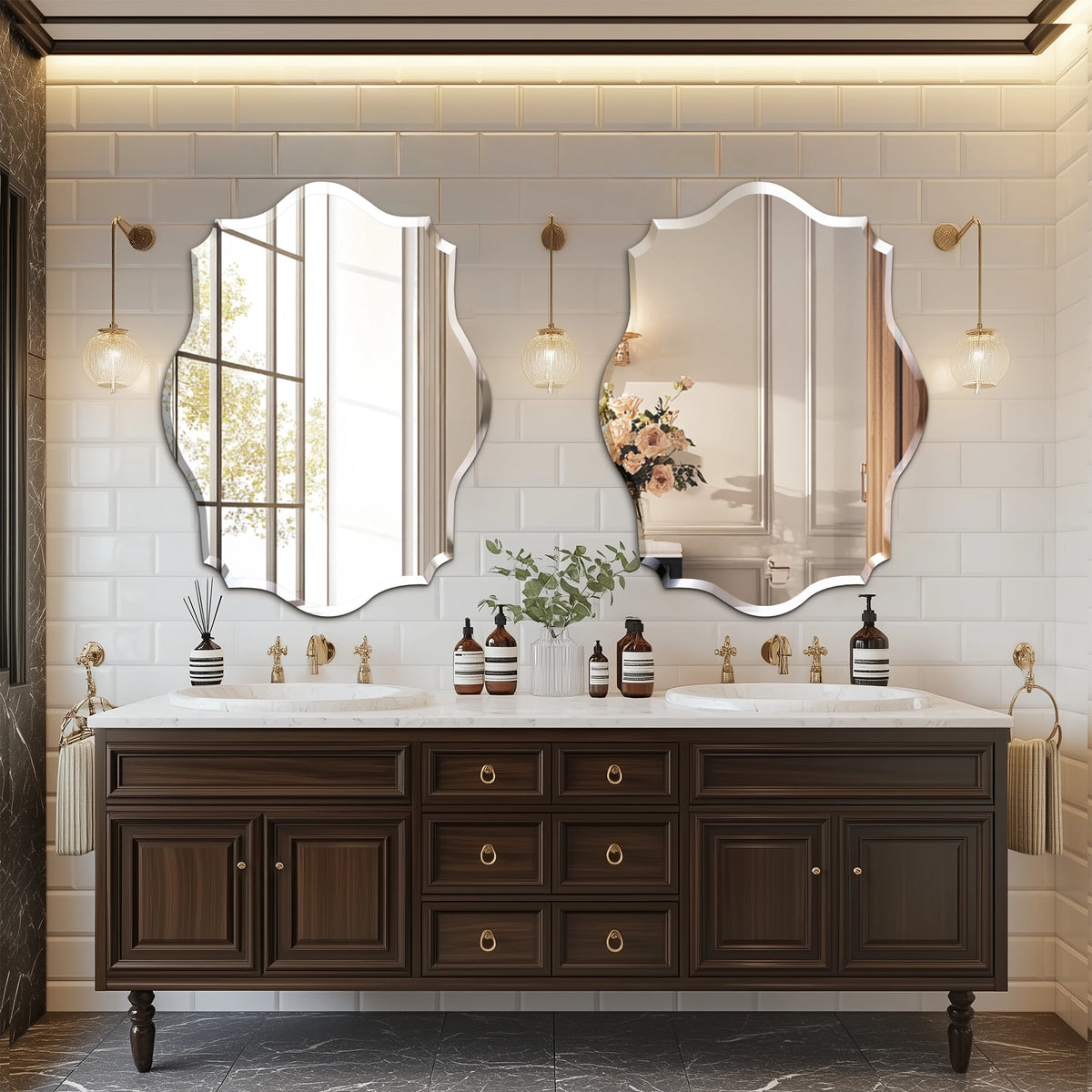 Wall Mirror, Scalloped Frameless Beveled Edge, Polished for Bathroom, Living Room, Vanity, Bedroom, Slive