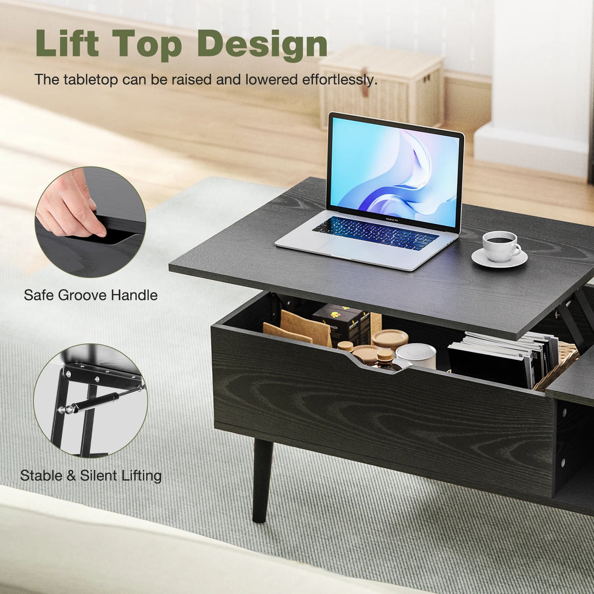 Lift Top Coffee Tables For Living Room, 39.37"x19.7" Wood, Adjustable Storage Shelf, Easy Lift Or Lower
