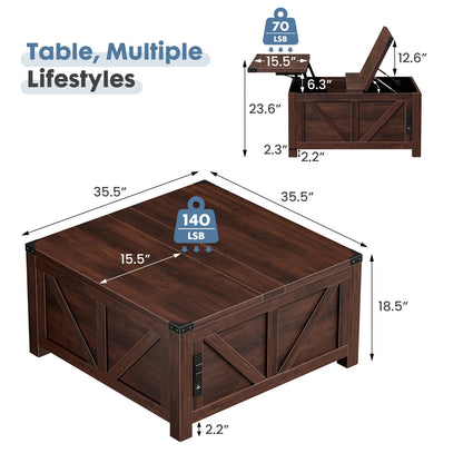 35.6IN Lift Top Coffee Table with Charging Station and Storage Shelf, Easy Lift Or Lower, Square Wood Table, Hidden Storage for Living Room