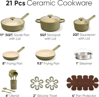 21pcs Nonstick Cookware Set, Ceramic Coating, PFAS PTFE Free, Induction Compatible