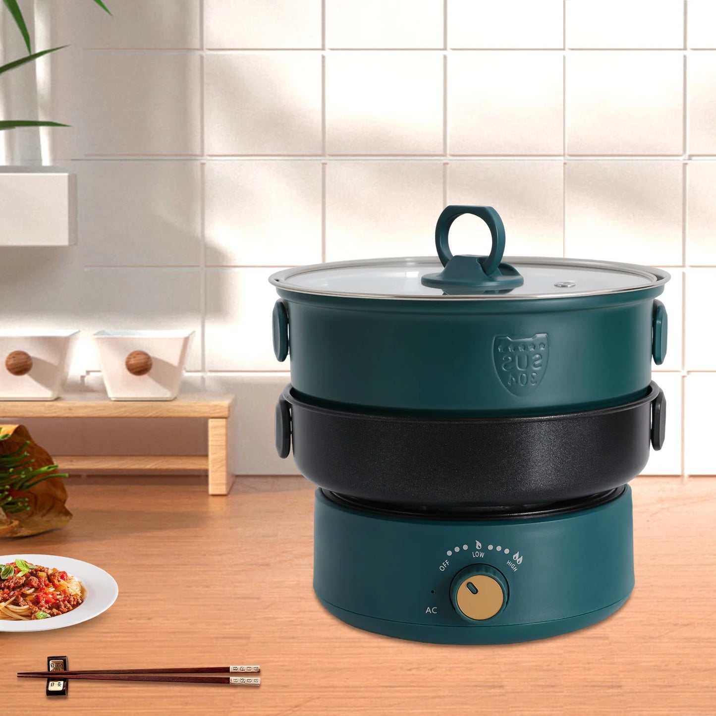 Portable Mini Electric Hot Pot w/Foldable Handles and Power Adjustment