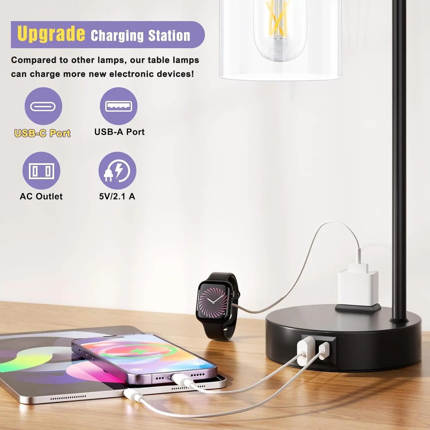 Touch Table Lamps Set of 2 - 3-Way Dimmable with USB C+A Ports and Outlet