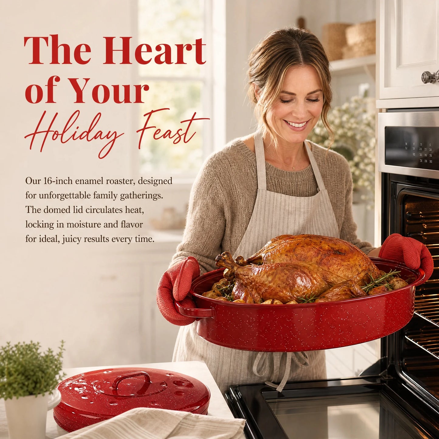 16 Inch Roasting Pan with Lid-Enamel Carbon Steel-Excellent Heat Distribution and Non-stick
