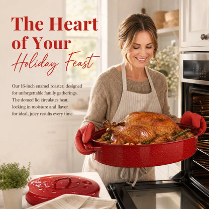 16 Inch Roasting Pan with Lid-Enamel Carbon Steel-Excellent Heat Distribution and Non-stick