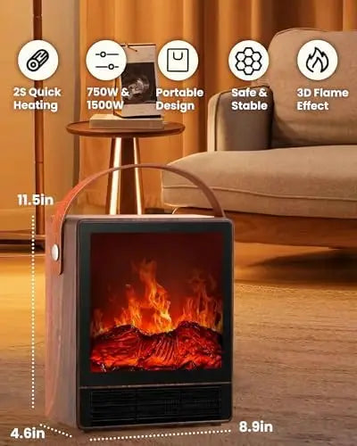 Electric Fireplace Heater 1500W with 3D Flame, Walnut Finish
