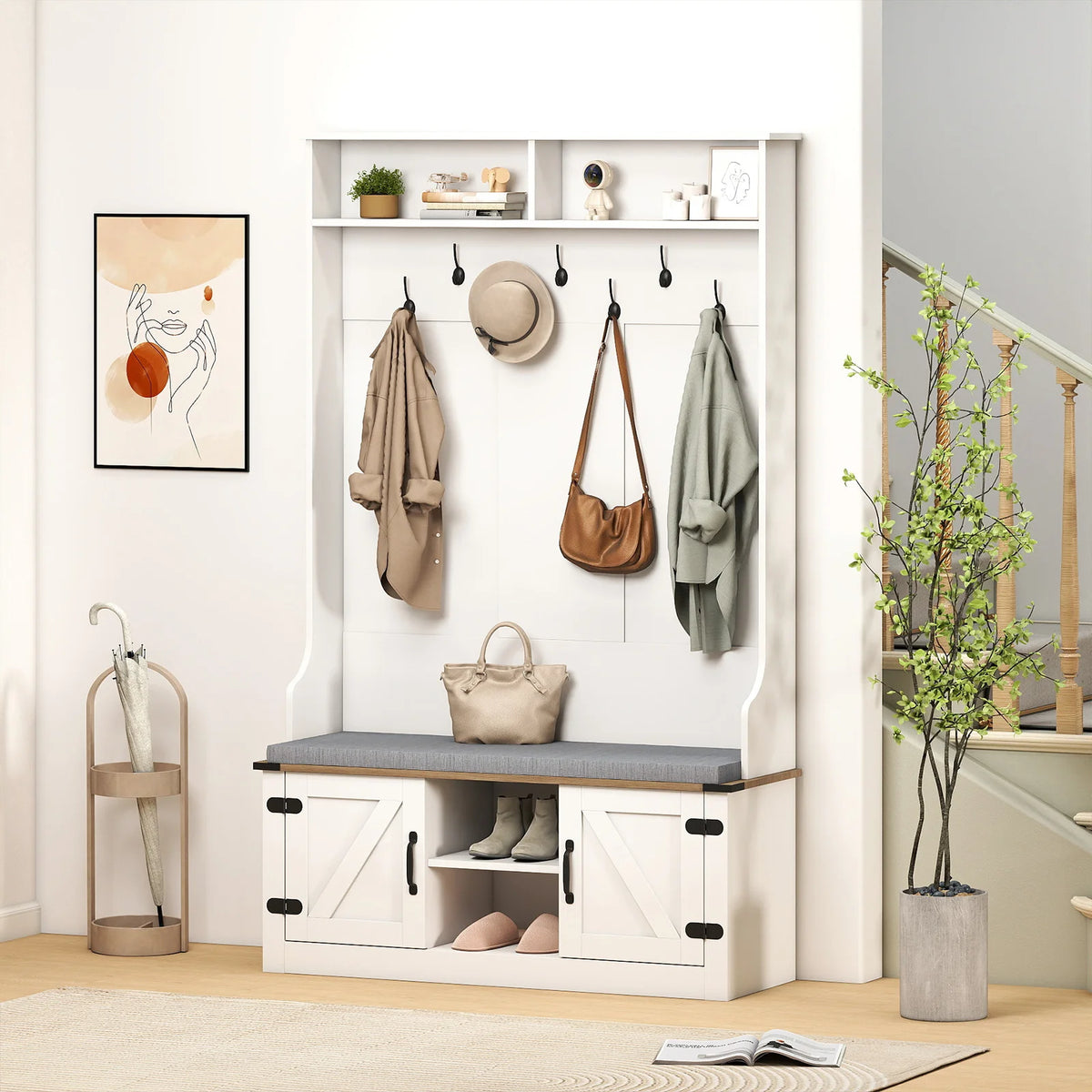 68. 5” 4-in-1 Hall Tree w/ Cushioned Bench Shoe Storage, 7 Hooks and 2 Cabinets, White