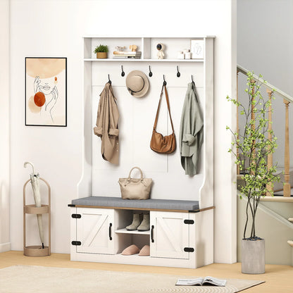 68. 5” 4-in-1 Hall Tree w/ Cushioned Bench Shoe Storage, 7 Hooks and 2 Cabinets, White