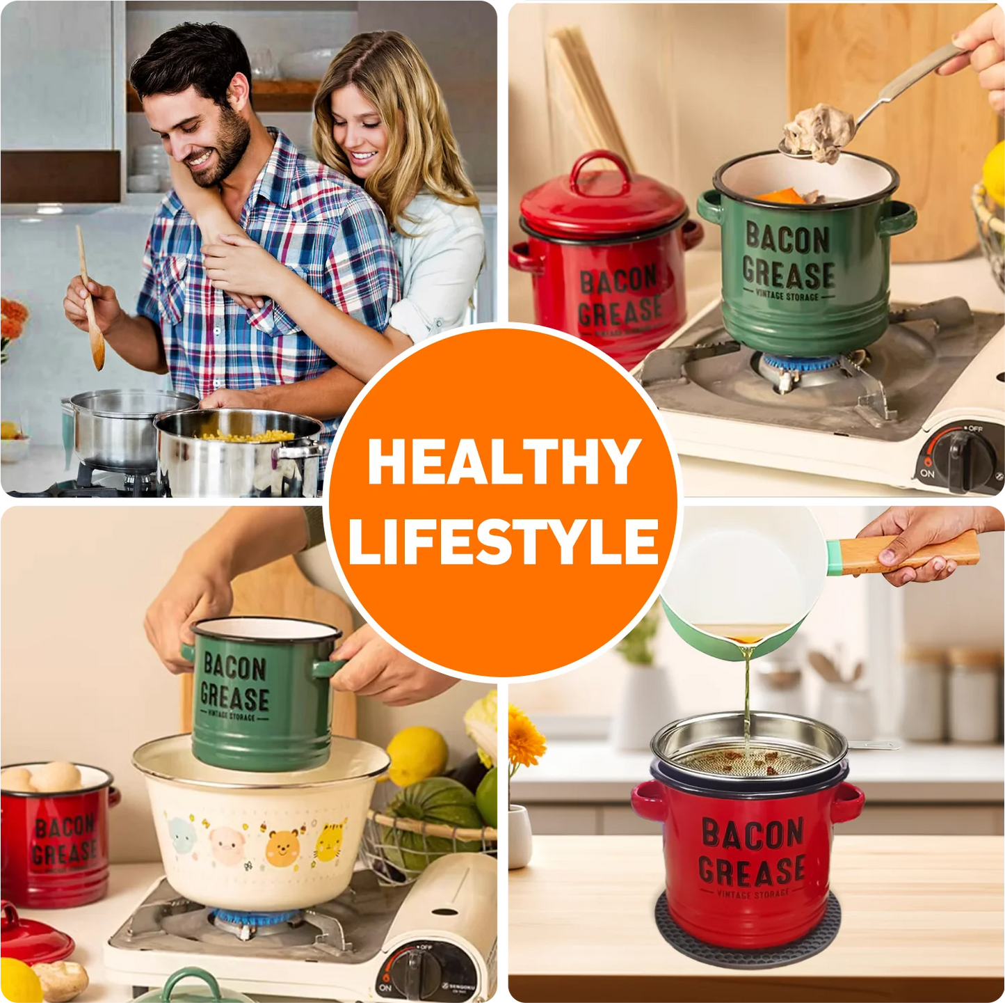 46 Oz Grease Container with Filter, Scraper, Strainer & Silicone Spatula, Dishwasher Safe