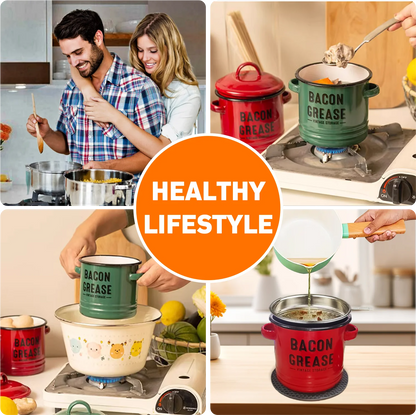 46 Oz Grease Container with Filter, Scraper, Strainer & Silicone Spatula, Dishwasher Safe