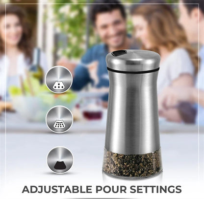Glass Salt/Pepper Shakers, Stainless Steel Spice Dispenser with Adjustable Pour Holes, Kitchen Items