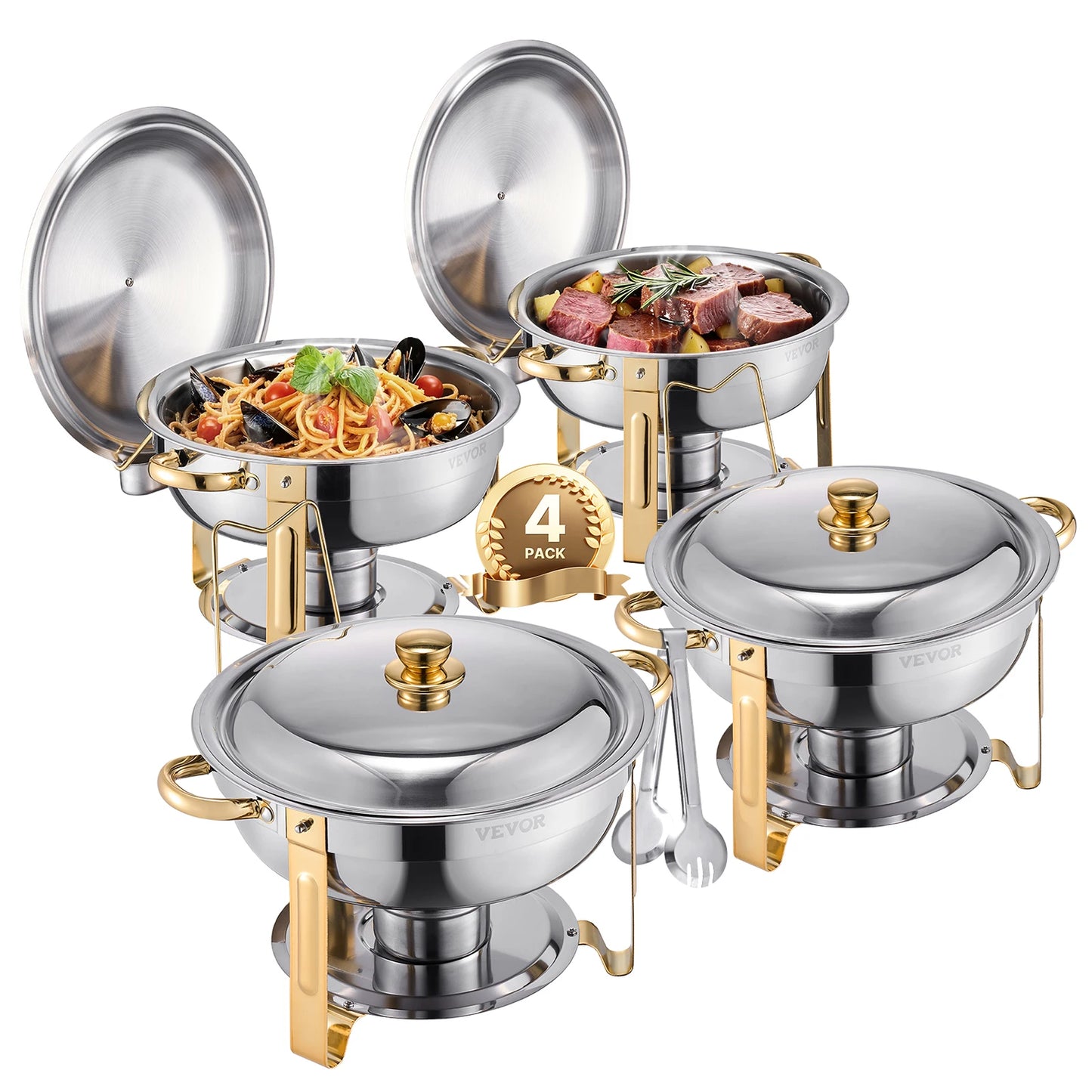 4 Pack Chafing Dish Buffet Set, Stainless Steel w/4 Full Size Round Pans