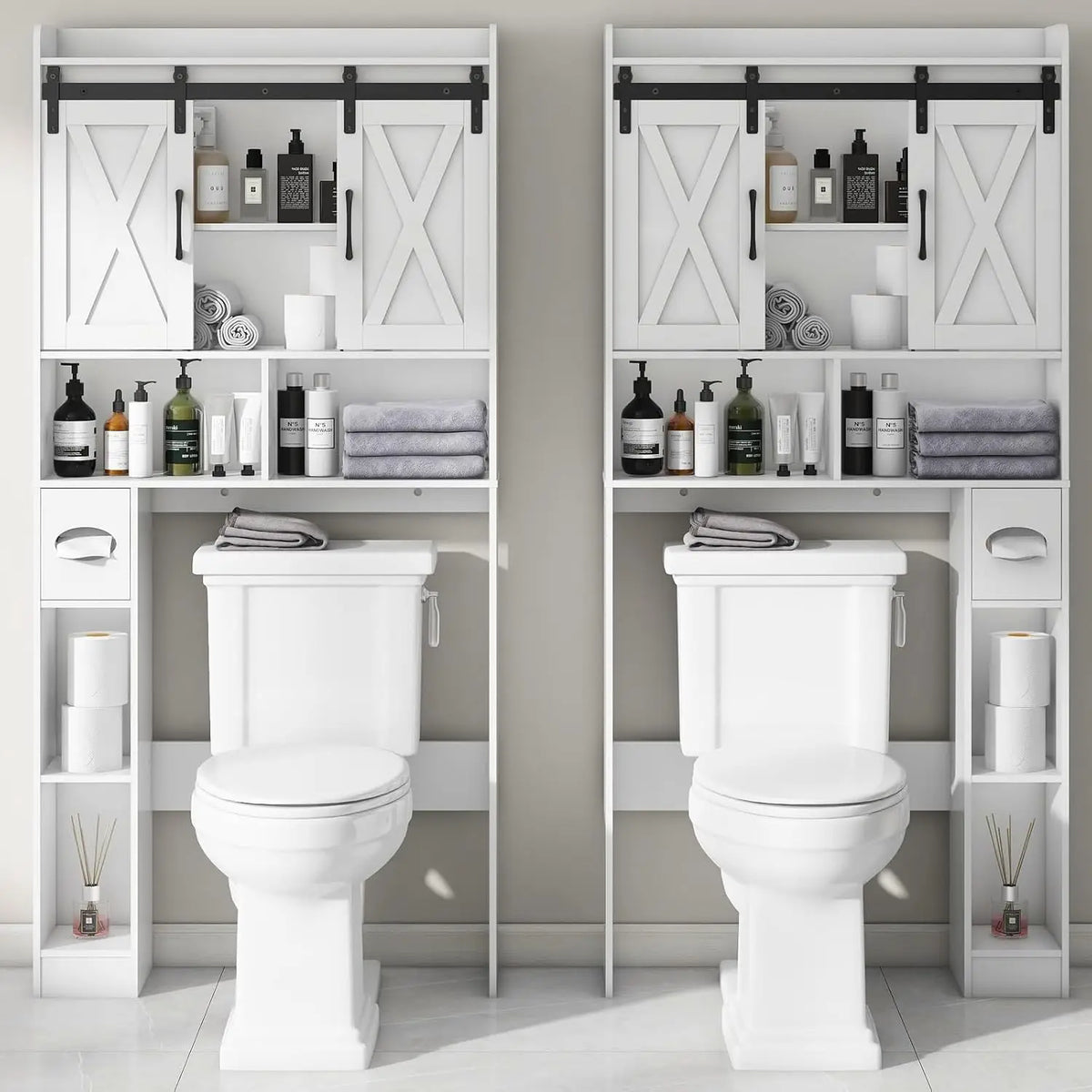 Over The Toilet Storage Cabinet with Sliding Doors, White | Farmhouse Storage Cabinet Over Toilet, Home Space-Saving Toilet Rack, Toilet Paper Holder Stand
