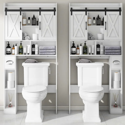 Over The Toilet Storage Cabinet with Sliding Doors, White | Farmhouse Storage Cabinet Over Toilet, Home Space-Saving Toilet Rack, Toilet Paper Holder Stand