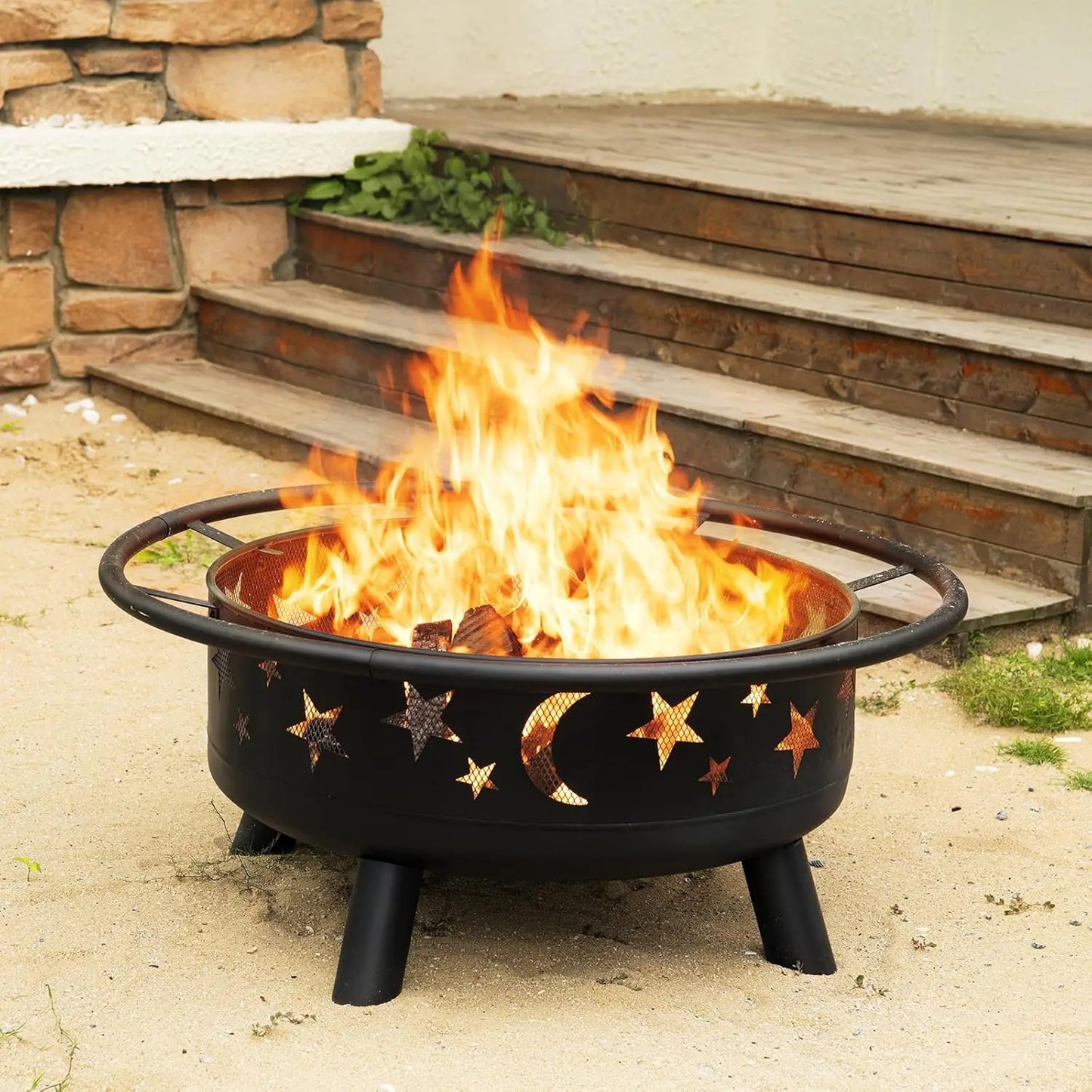 32 Inch Round Fire Pit with Mesh Cover, with Star and Moon Design