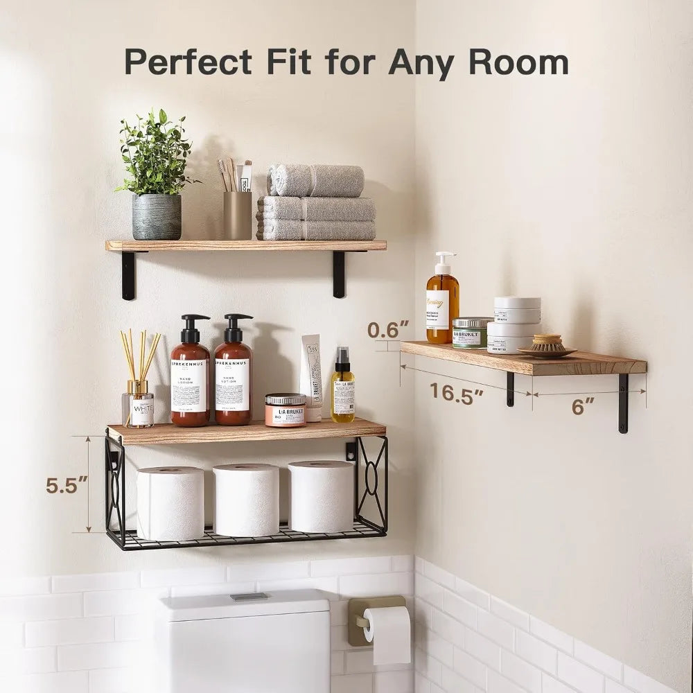 Bathroom Shelves Over Toilet with Storage Basket, Natural Wood