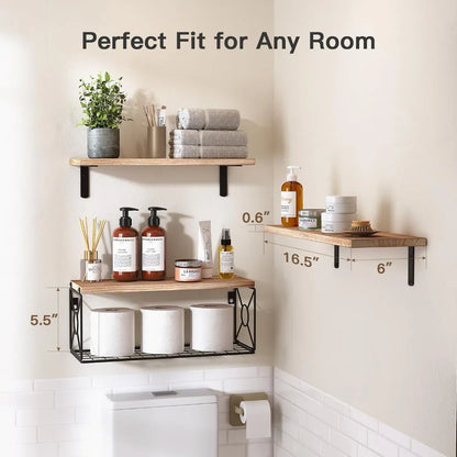Bathroom Shelves Over Toilet with Storage Basket, Natural Wood