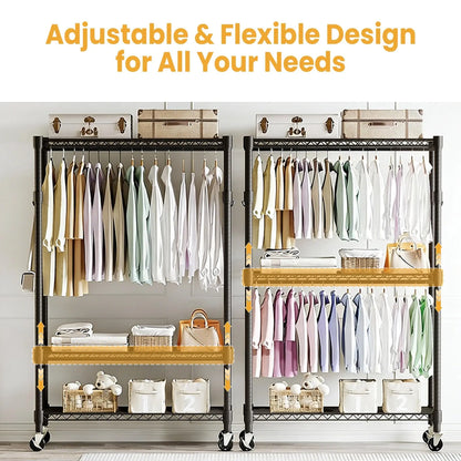 3-Tier Heavy Duty Rolling Metal Garment Rack With Adjustable Shelves & Dual Hanging Rods