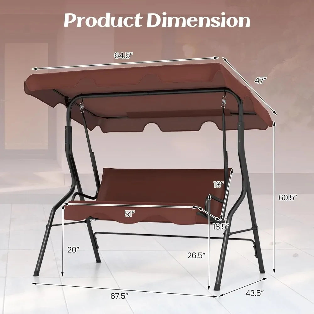 3 Person Porch Swing, with Removable Cushions and Powder Coated Steel Frame, with Canopy