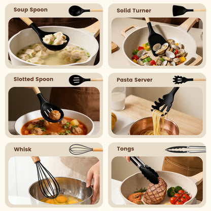 Silicone Wooden Handle 44-Piece Non-Stick  Kitchen Utensil Set, Food-Grade Heat-Resistant Cookware Set for Kitchen & Baking