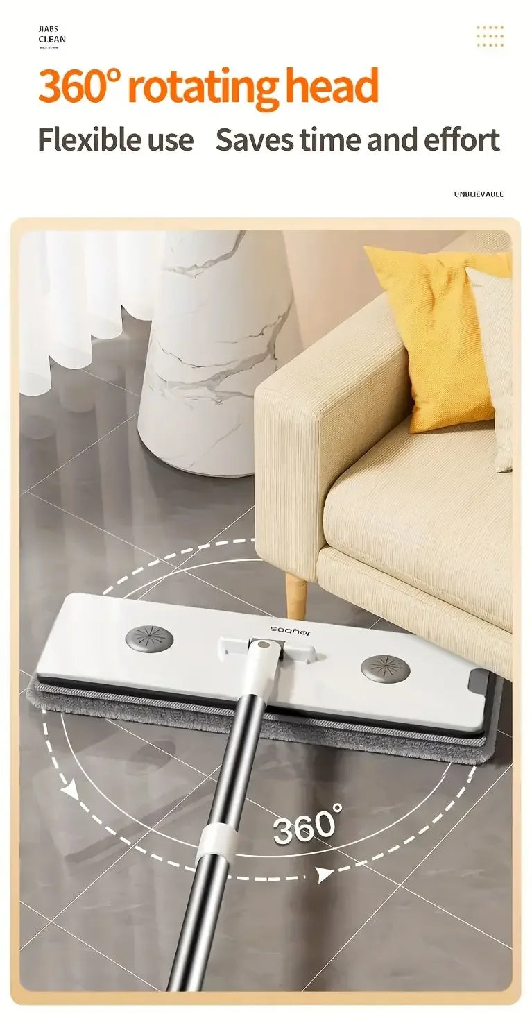 Ultra-Slim Flat Mop and Bucket System, Hands-Free Wash & Dry Set with 2 Microfiber Pads, 360° Swivel Mop with Squeegee Edge for Hardwood Tile Laminate