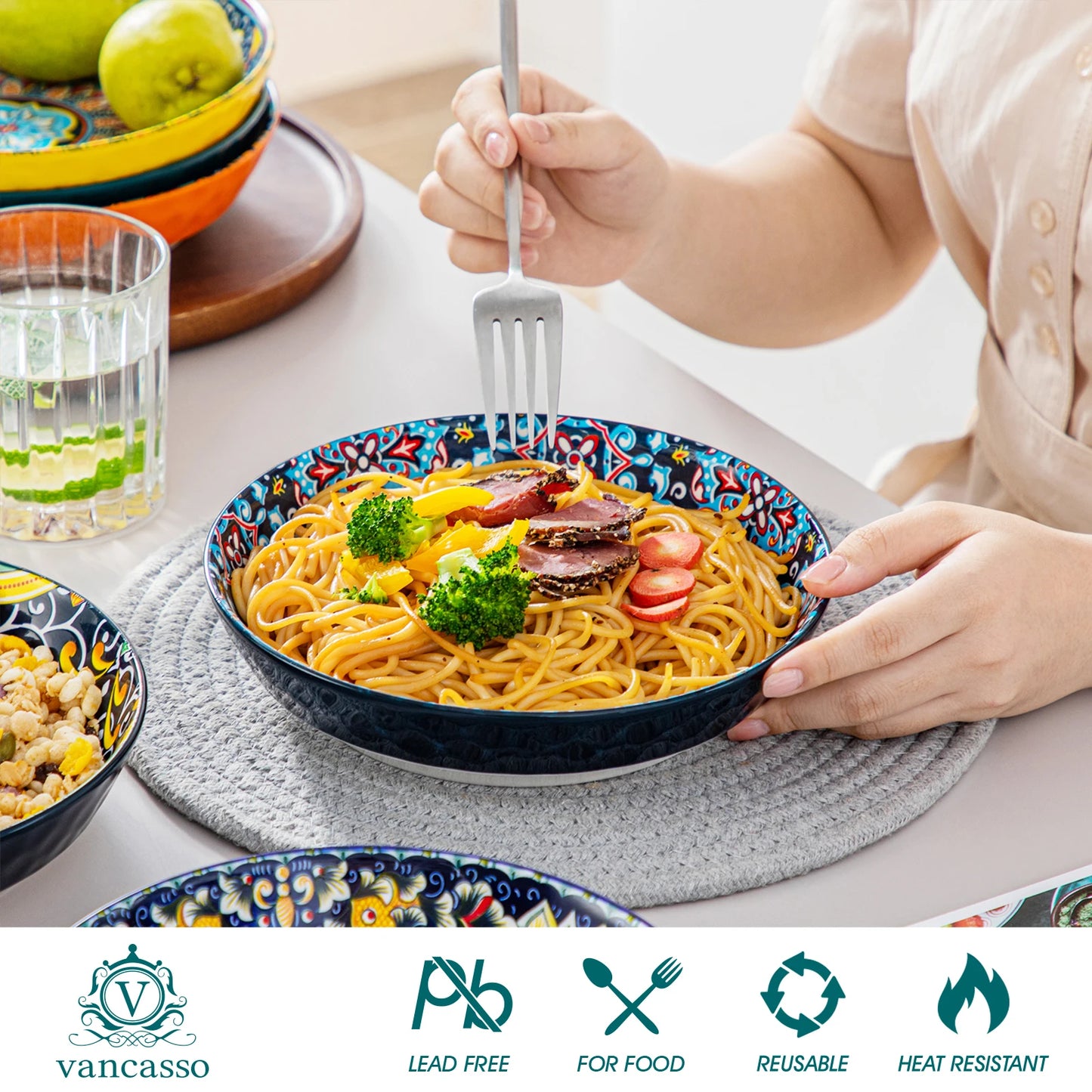 24 PCS Ceramic Dinnerware Set, Porcelain Bohemian Style with Dinner/Dessert Plate/Cereal/Pasta Bowl For 6