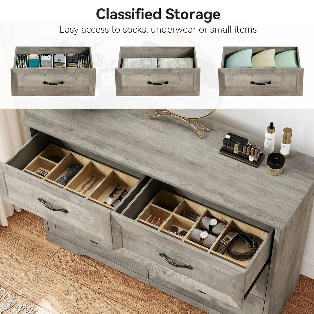 Dresser for Bedroom with 6 Drawers, Wood