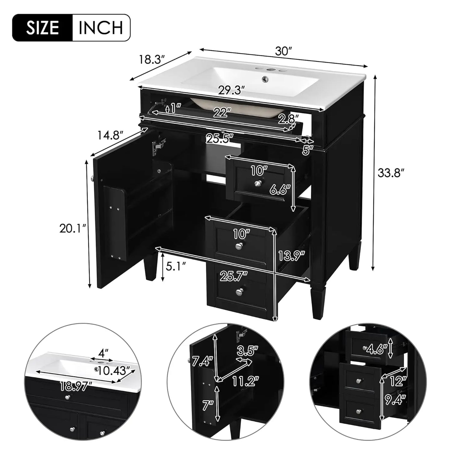 30" Bathroom Vanity with Sink, Modern Single Door, 2 Tip-Out Drawers