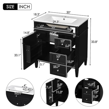 30" Bathroom Vanity with Sink, Modern Single Door, 2 Tip-Out Drawers