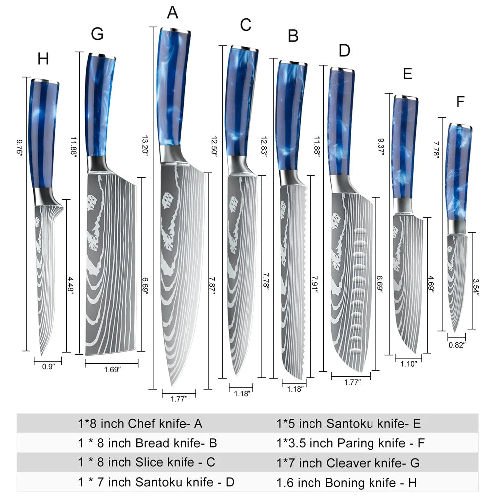 8PCS Damascus Stainless Steel Kitchen Knife Set, Super Sharp Japanese Style Chef Santoku Cleaver, Slicing Boning Utility Paring Knives Complete Cooking Cutlery Kit with Portable Protective Nylon Carry Bag for Home Kitchen Che