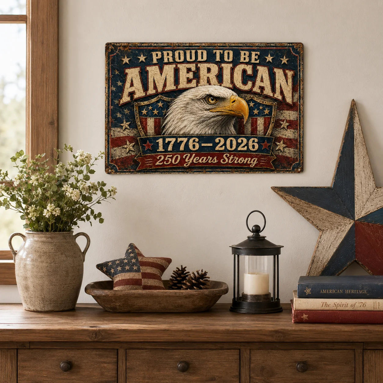 America 250th Anniversary Metal Tin Sign, Proud to Be American 1776–2026 Bald Eagle & USA Flag