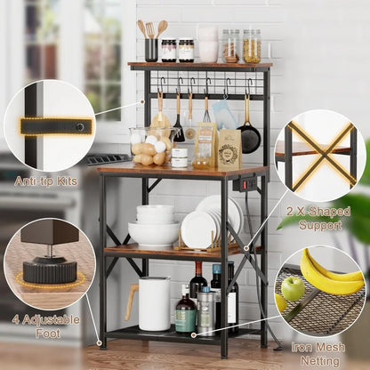 Kitchen Bakers Rack with Power Outlet, Microwave Oven Stand with Storage 4 Tiers