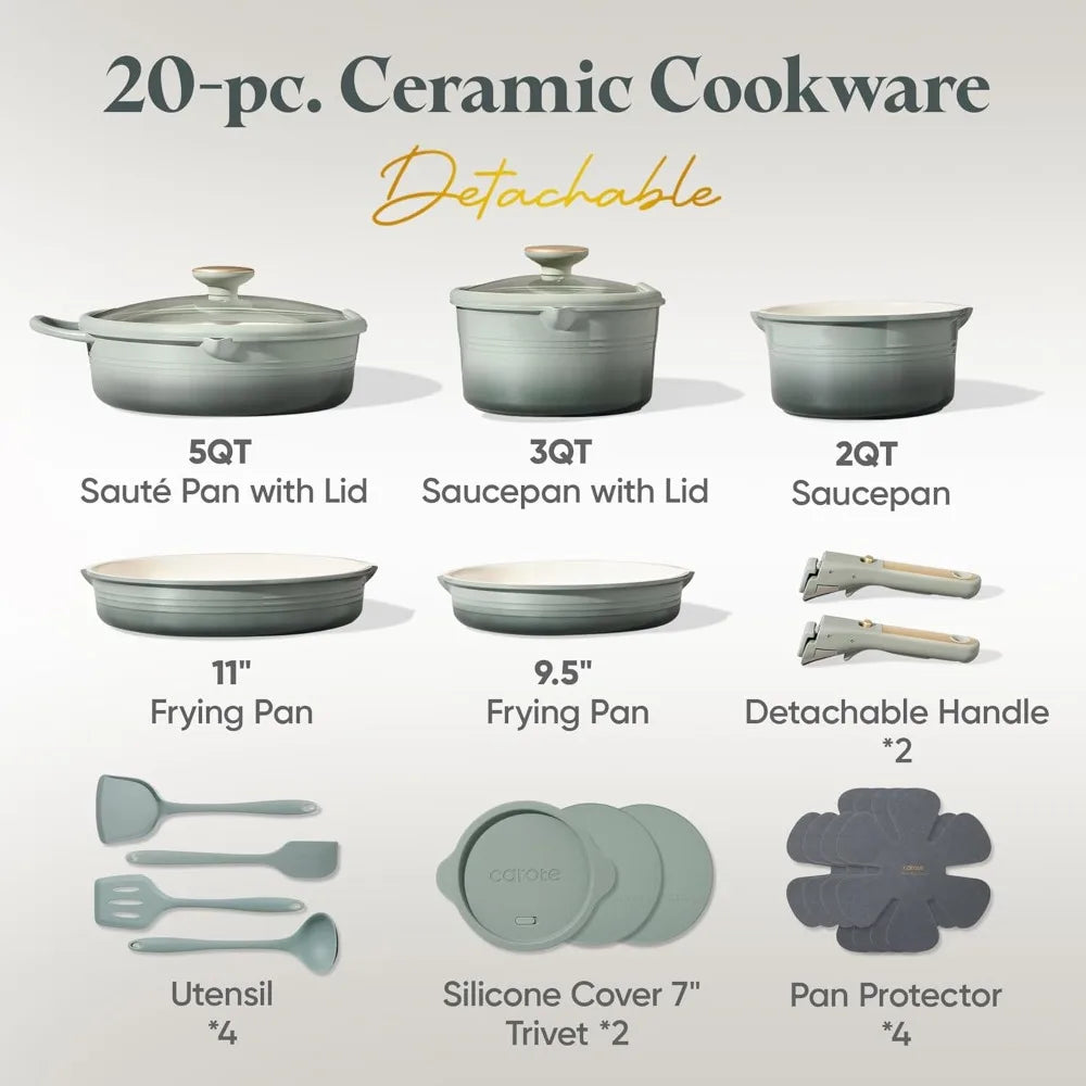 20Pcs Titanium Cookware Set, Non Stick with Detachable Handle