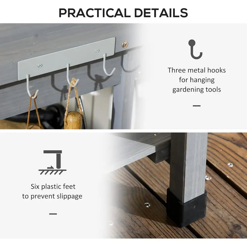 Outdoor Wooden Garden Workbench with Detachable Sink, Faucet, Storage, and Hooks, Gray