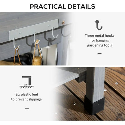 Outdoor Wooden Garden Workbench with Detachable Sink, Faucet, Storage, and Hooks, Gray