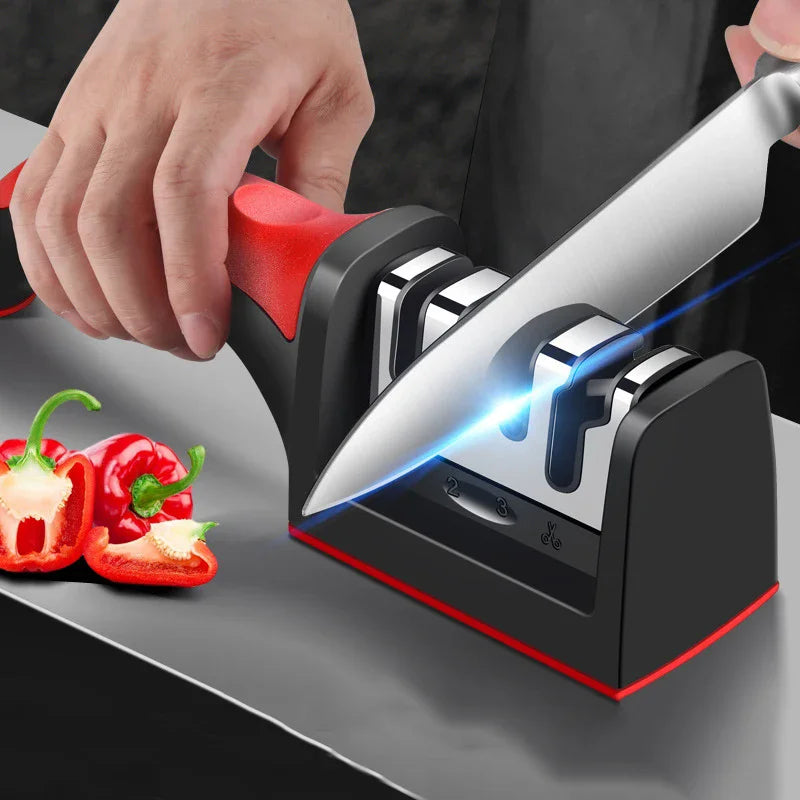 3-Segment Knife Sharpener for Kitchen, Stainless Steel Three-Purpose Sharpening Stone