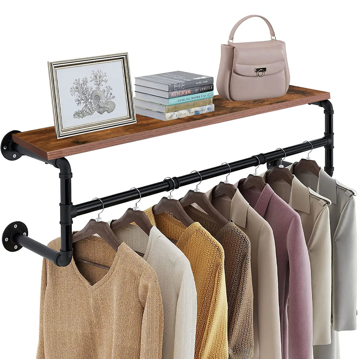Industrial Pipe Clothing Rack, Wall Mounted Wood Shelf, Pipe Shelving