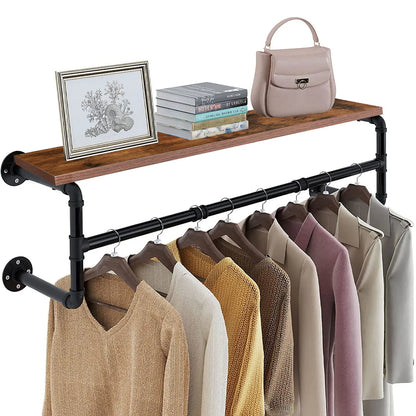 Industrial Pipe Clothing Rack, Wall Mounted Wood Shelf, Pipe Shelving