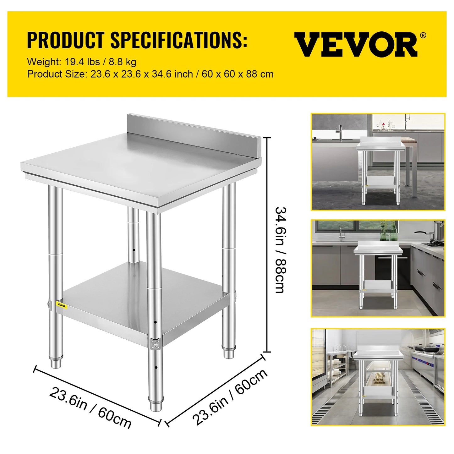 Kitchen Work Table for Commercial Catering, Garage, Restaurant with Undershelf, Stainless Steel