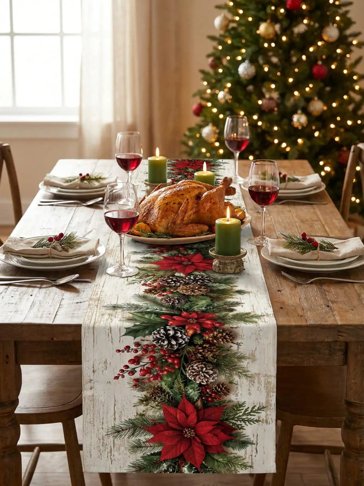 1pc Christmas Gold & Red Bow & Christmas Ball Print Table Runner, Cream White Linen-Feel Dining Table Cloth With Snowflake & Pearl Decorative Pattern